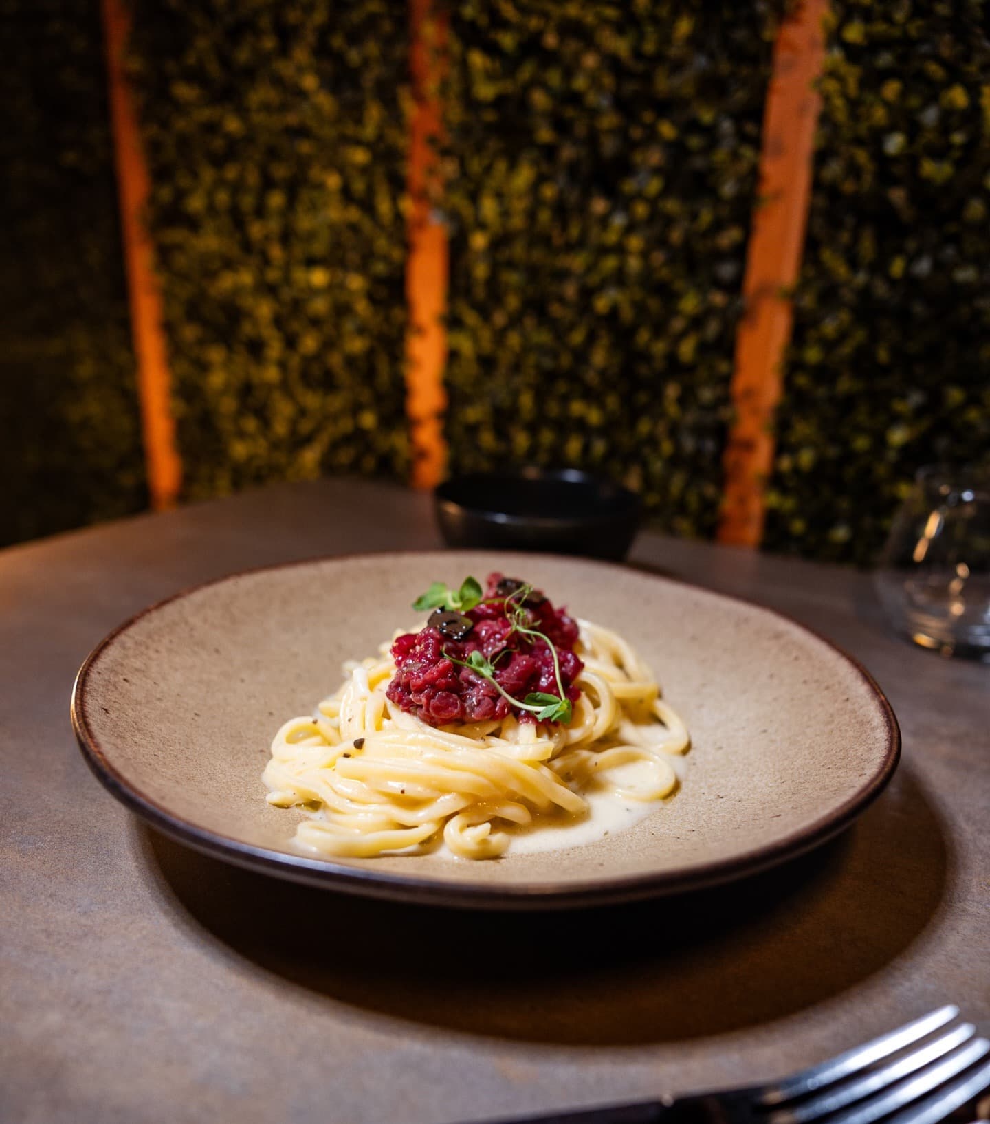 Linguine Cacio e Pepe with beef tartare